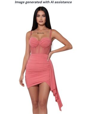 NWT Miss Circle XL Yolie Salmon Pink Ruched Mesh Corset Dress